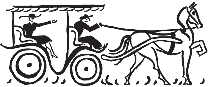 A black and white drawing of a man in a carriage