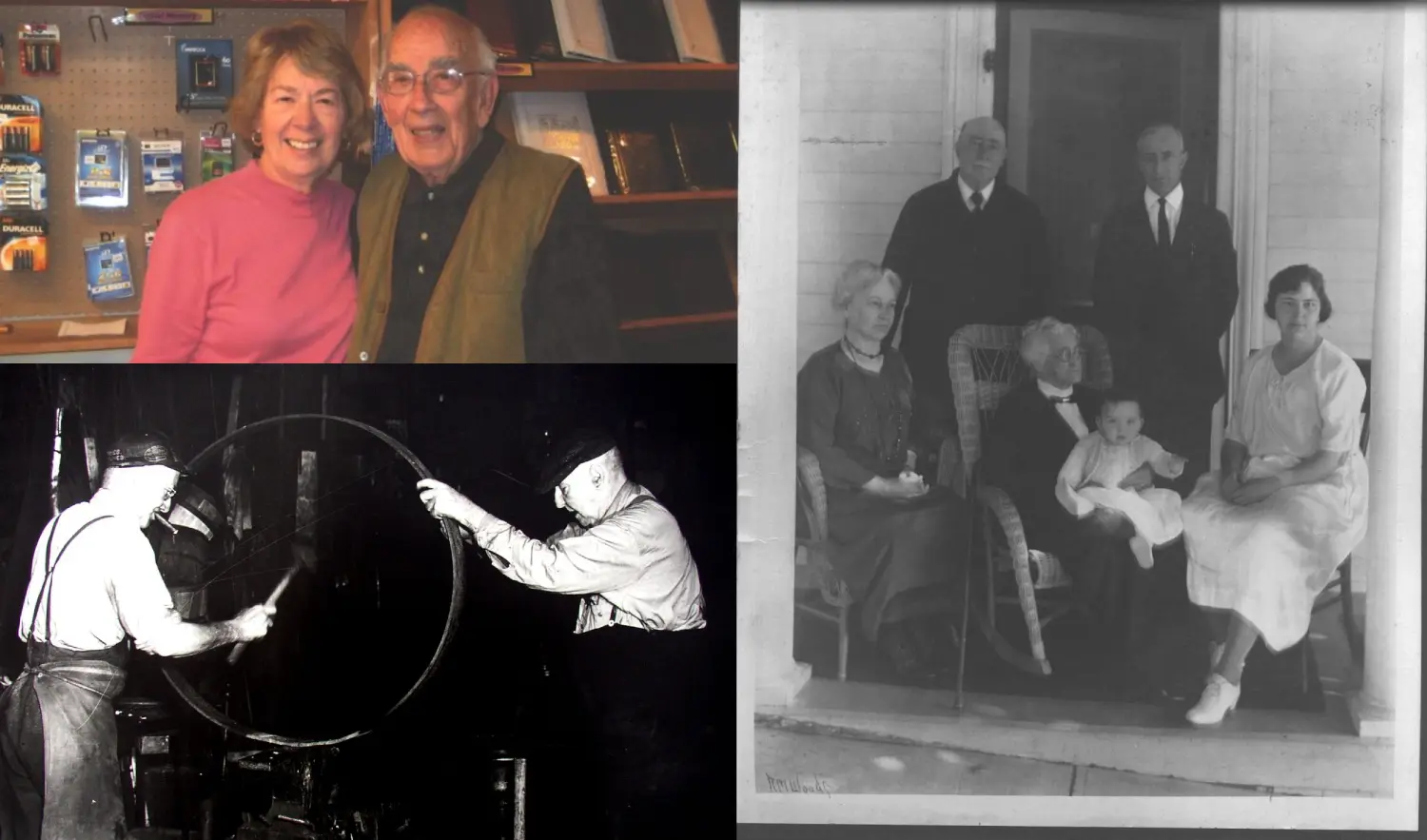 A collage of old photographs with people in the background.